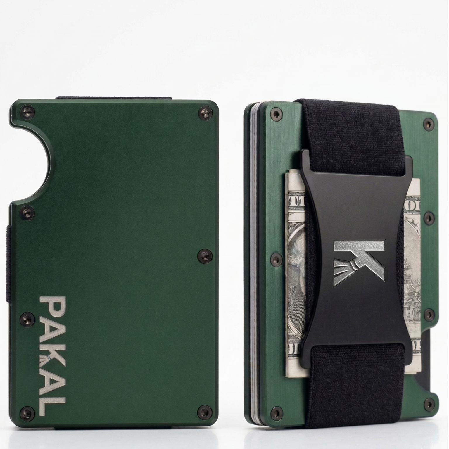 Green tactical wallet with money clip on a white background