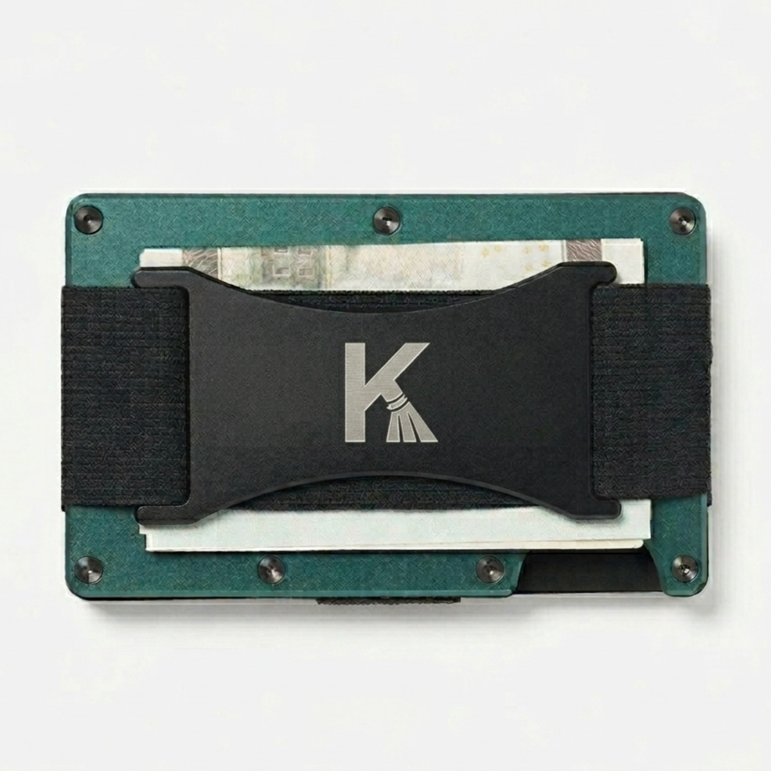 Green and black wallet with a brand logo on a light gray background