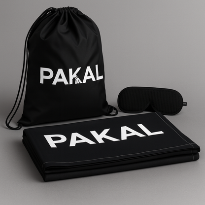 Black drawstring bag, mat, and eye mask with 'PAKAL' branding on a gray background