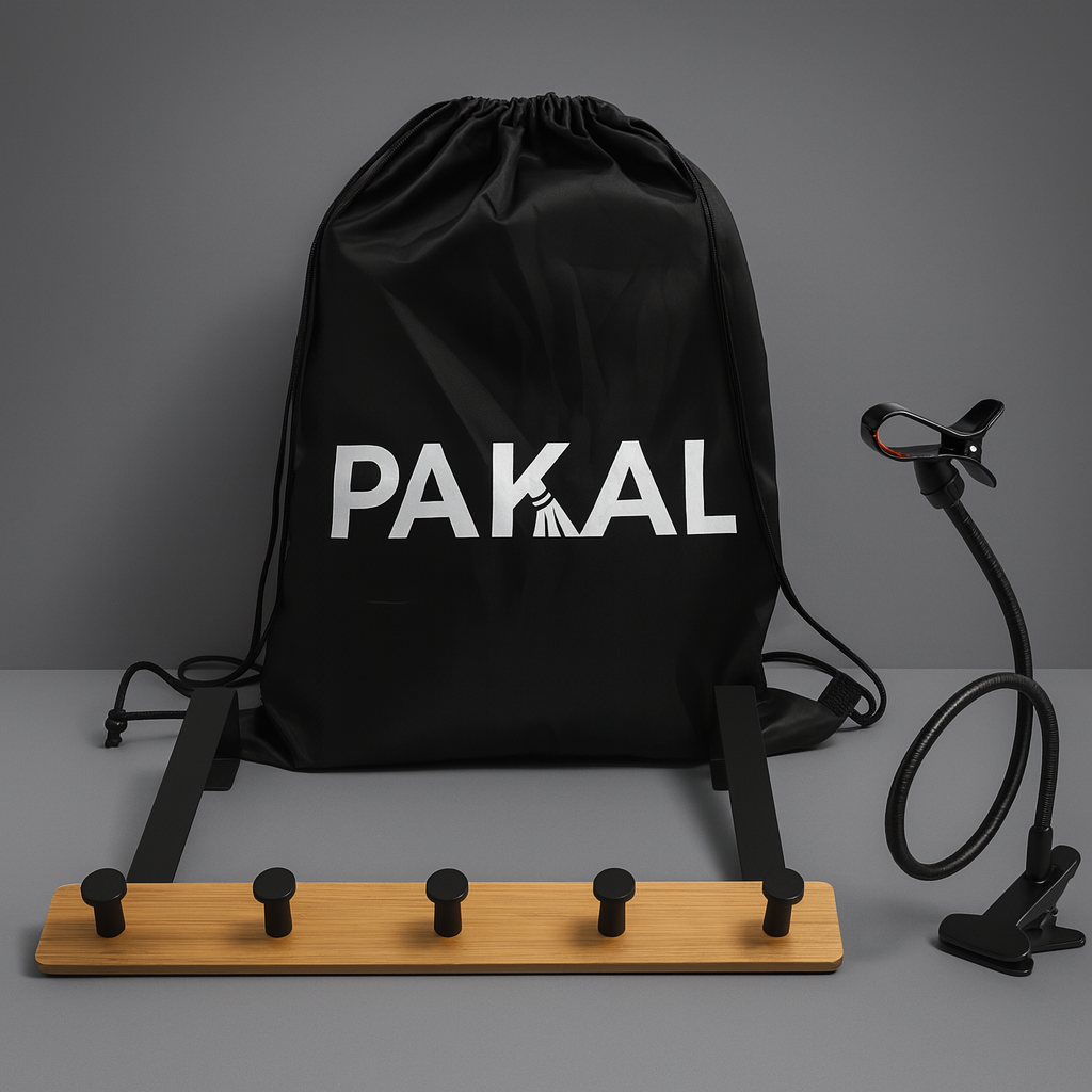 Black drawstring bag with 'PAKAL' branding, wooden board with clips, and black stand on a gray background