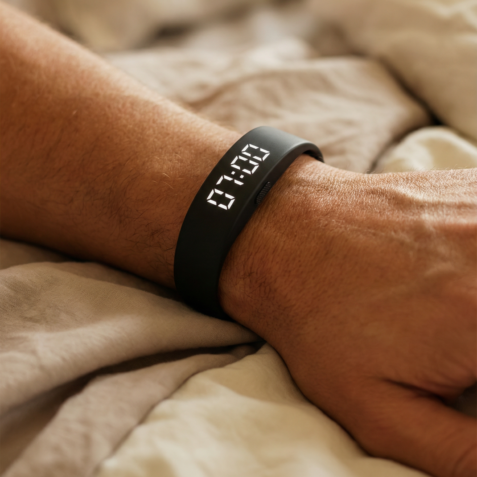 Black digital wristband on a person's wrist with a blurred background