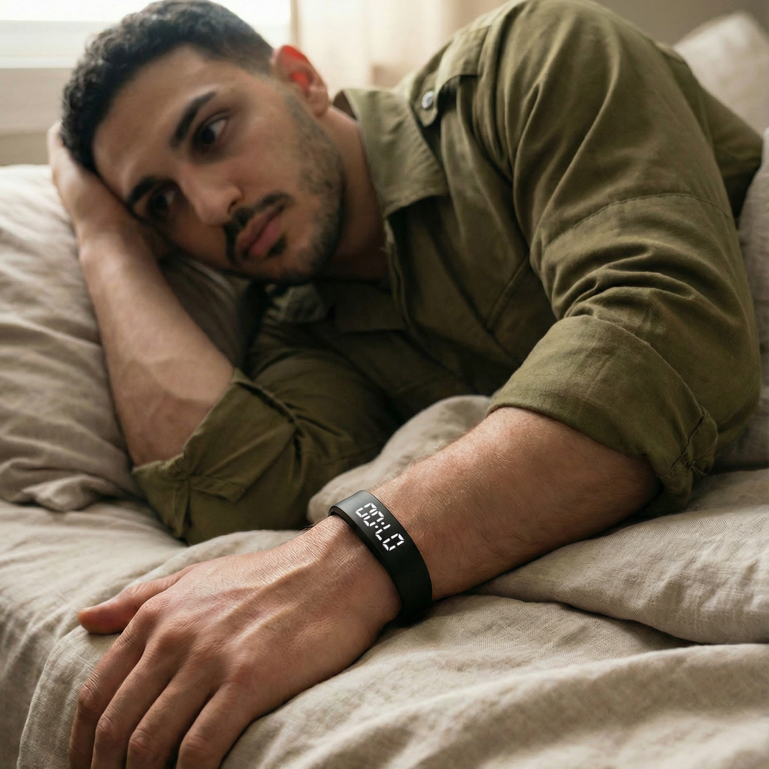 Man lying on a bed wearing a smartwatch with a neutral background