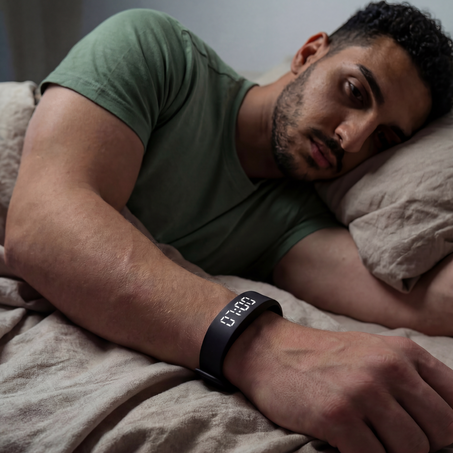 Man lying in bed wearing a fitness tracker on his wrist