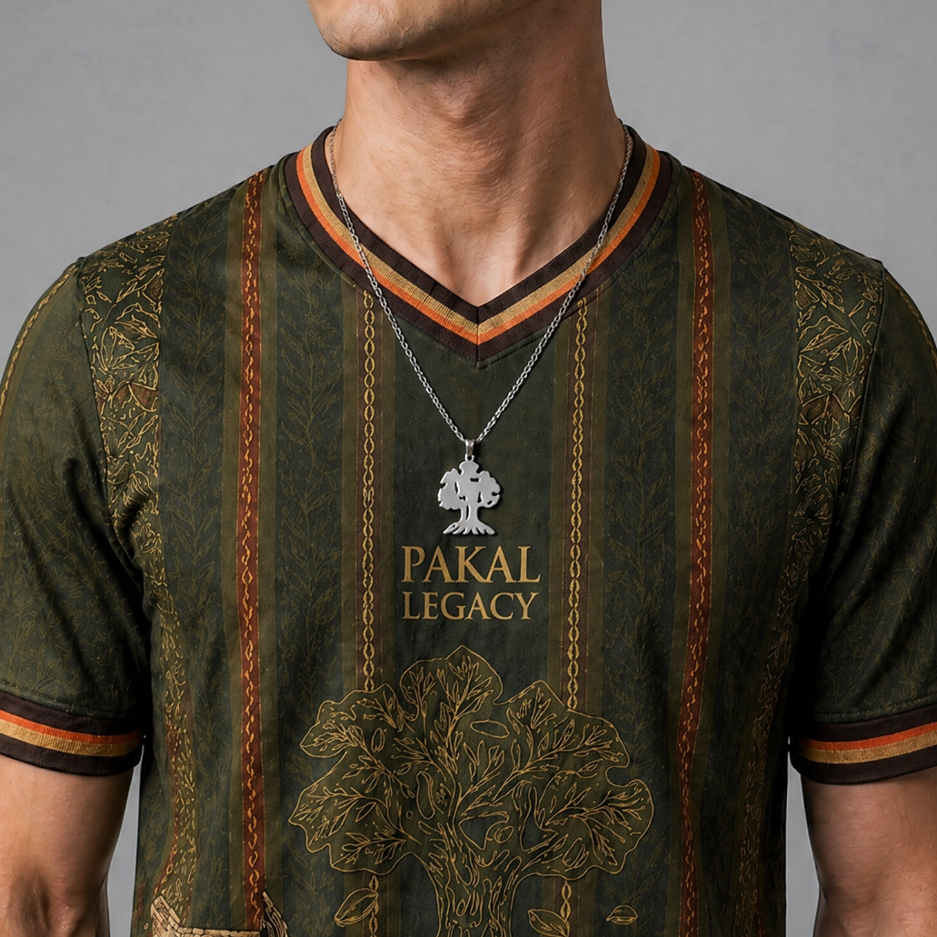 Man wearing a patterned shirt with 'Fakal Legacy' branding against a gray background