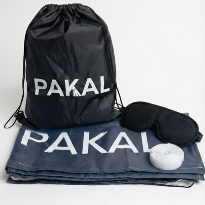 Black drawstring bag and gray mat with 'PAKAL' branding on a white background